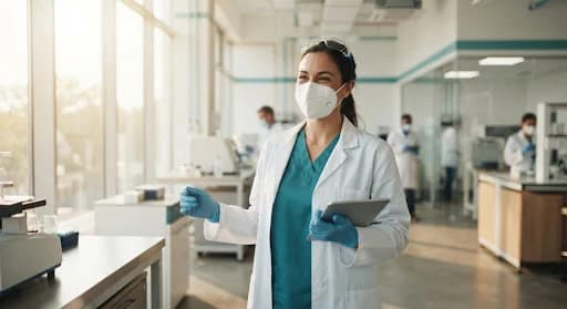 Pracovníčka v ochrannom respirátore v laboratóriu Fishma